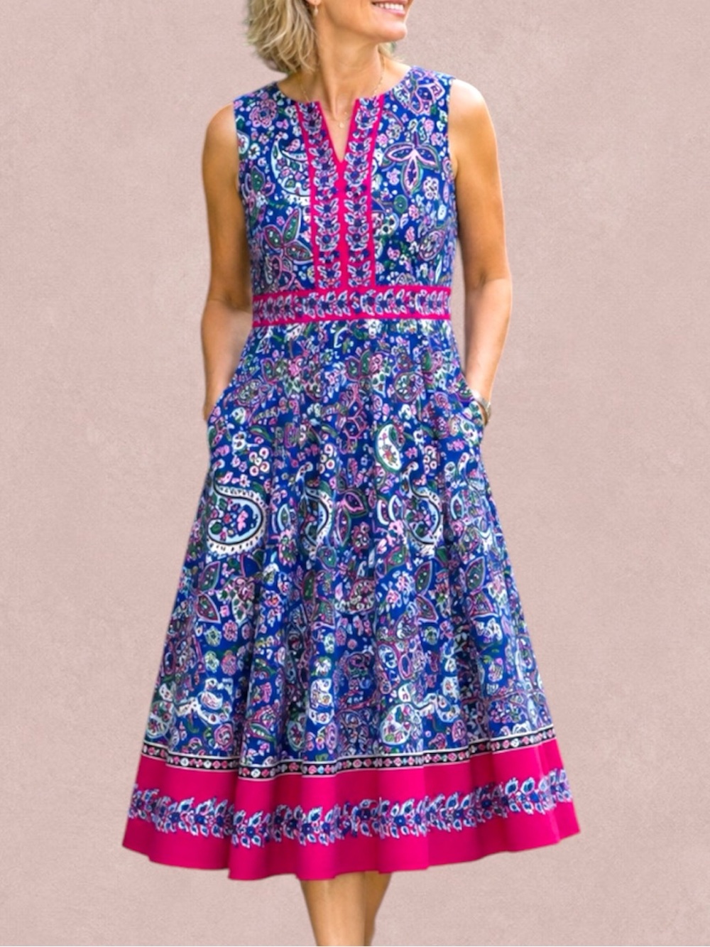 Talbots 16 Paisley Fit-and-Flare Dress Pockets Cotton Sleeveless Blue Pink